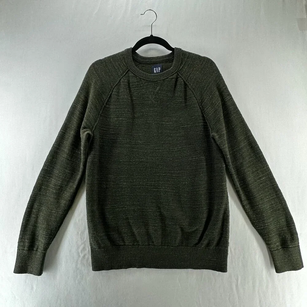 GAP Pullover Sweater Men M Crew Neck Cotton Knit Long Sleeve Heather Olive Green